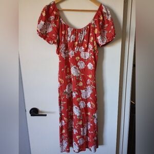 Floral Red Midi Dress With Tie Back Size Large